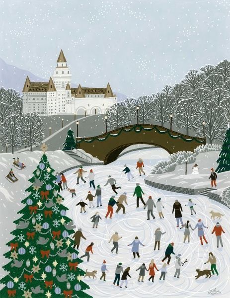 a painting of people skating around a christmas tree