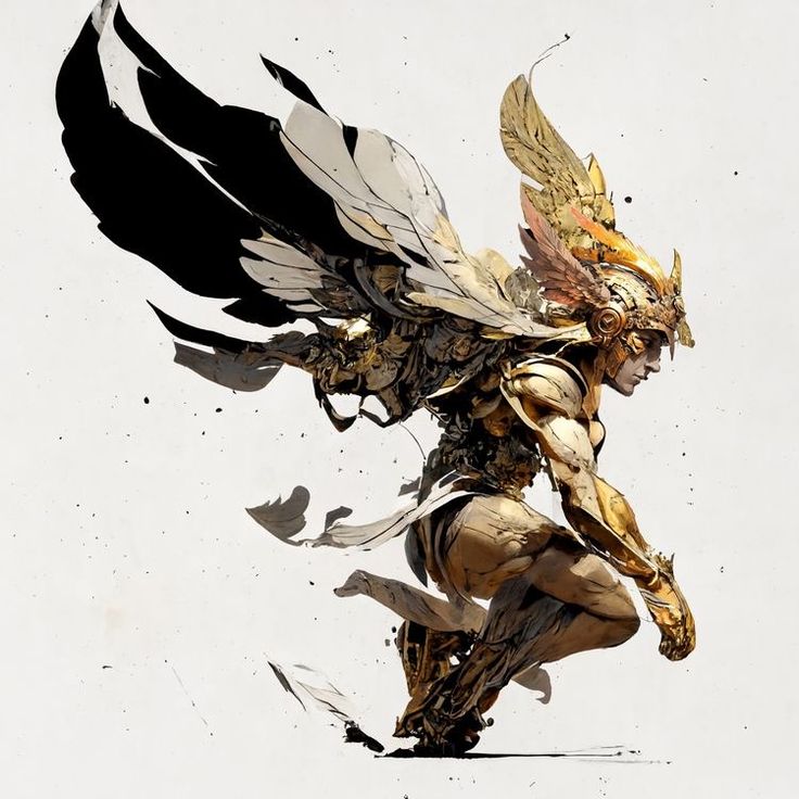 an image of a man with wings on his head and body in gold, black and white