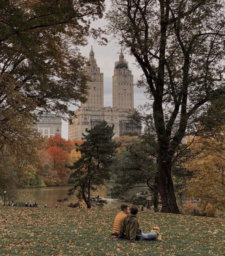 two people are sitting on the grass in front of trees with their backs to each other