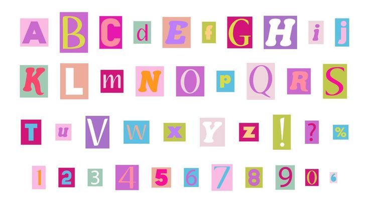 the letters are made up of different colors and sizes, including pink, blue, green,