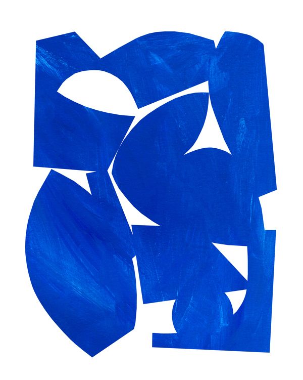 an abstract painting with blue shapes on a white background