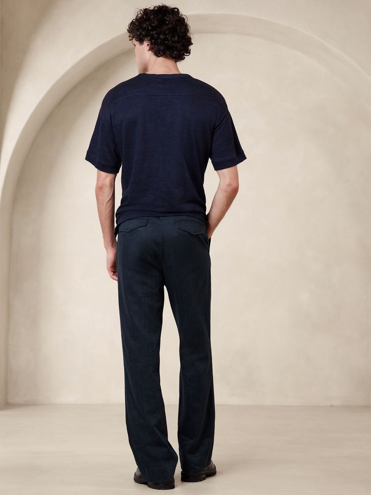 Inspired by a vintage pair of officer's chinos, this straight-leg pant is cut with a slightly higher rise and longer inseam length so it stacks nicely at the hem.  For fabric, we selected a herringbone twill woven from soft cotton and beautiful linen, beloved for its ability to stay cool and fresh, even in heat and humidity.  Mid-high rise.  Straight leg.  Fabric from Italy's Olimpias mill.  Zip fly with button closure.  Front and back pockets.  Unlined.  Straight Fit: Mid-high rise, with a straight leg.  Inseams: Regular 31. 5" Model: Size 32, 6'2" (188cm). Relaxed Fit Bottoms With Straight Hem For Casual Gatherings, Casual Navy Straight Leg Chinos, Navy Casual Work Pants Straight Leg, Navy Bottoms With Relaxed Fit And Straight Hem, Classic Straight Hem Bottoms For Casual Gatherings, Casual Navy Straight Leg Work Pants, Navy Classic Bottoms Relaxed Fit, Casual Navy Straight Chinos, Classic Indigo Straight Leg Pants