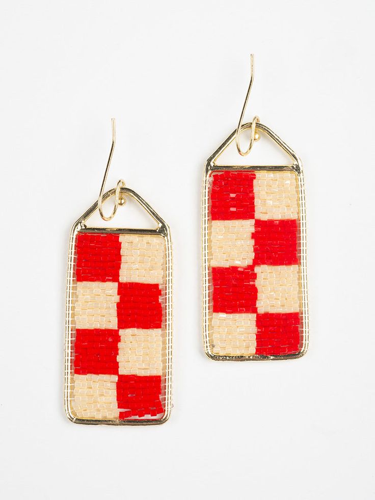 Checker earrings are the ultimate statement jewelry, and the red and white color combo kicks it up a notch. These bold, beaded earrings are just the thing to brighten your day! Brass and seed beads 2" length Made fair trade in India by one of our longstanding production partners Red Earrings With Colorful Beads For Summer, Red Beaded Earrings As Summer Gifts, Red Dangle Beaded Earrings For Summer, Handmade Red Beaded Earrings For Summer, White Woven Earrings For Gift, Woven Red Jewelry For Summer, Handmade Red Earrings For Summer, Red Woven Jewelry For Summer, Handmade Red Beaded Earrings For Beach