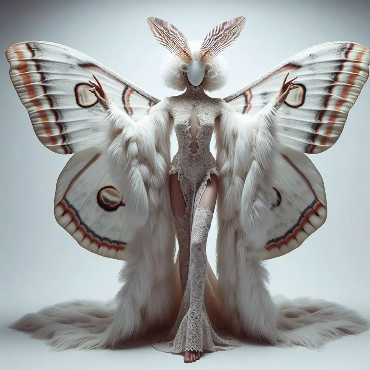 a woman dressed as a moth with wings on her head and body, standing in front of a white background