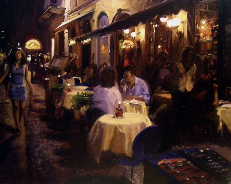 a painting of people sitting at tables in front of a building with lights on it