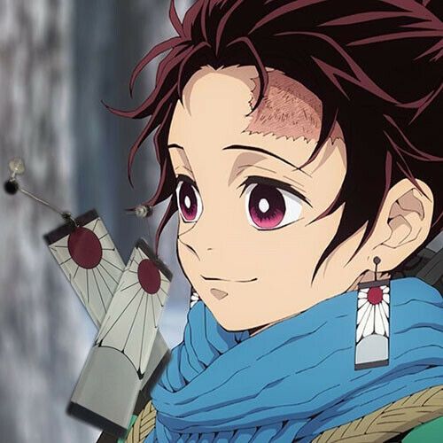 an anime character with red eyes and brown hair wearing a blue scarf looking at the camera