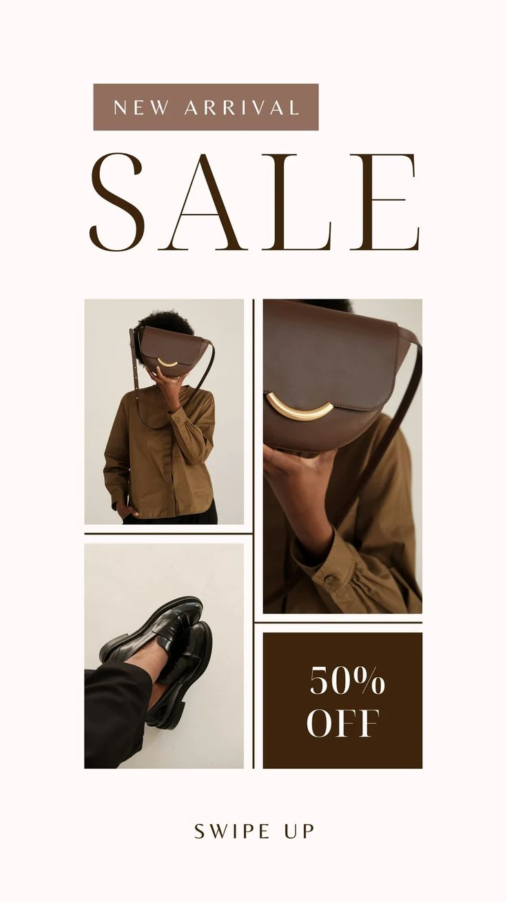 an advertisement for new arrival sale with shoes and handbags on it's side