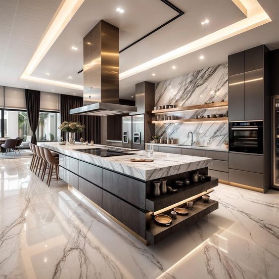 a large kitchen with marble counter tops and stainless steel appliances, along with an island in the middle