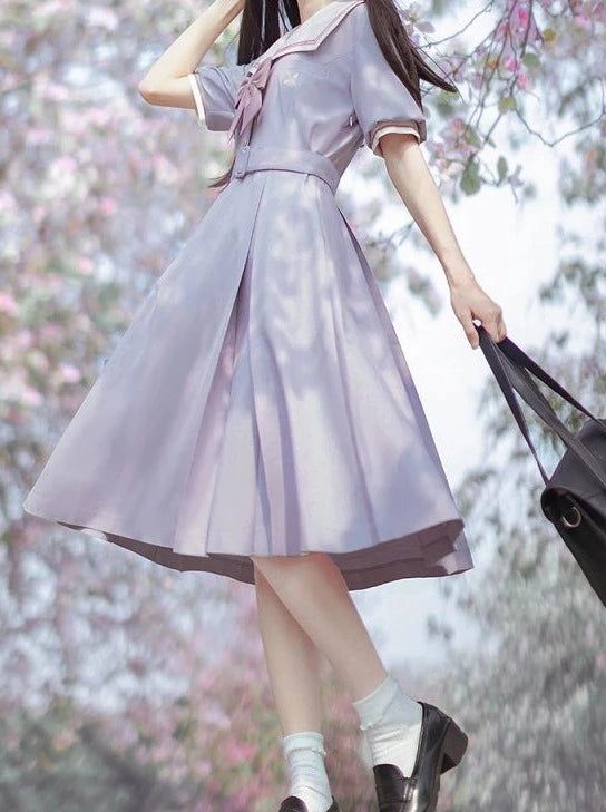 ❤︎Light Purple Sailor College Dress❤︎ Elegant Lavender A-line Dress, Purple Fitted Mid-length Dress, Fitted Mid-length Purple Dress, Chic Lavender Midi Dress For Spring, Chic Lavender Spring Dress, Elegant Purple A-line Midi Dress, Feminine Purple Dress For Spring, Purple Short Sleeve Midi Dress For Party, Purple Short Sleeve Party Midi Dress