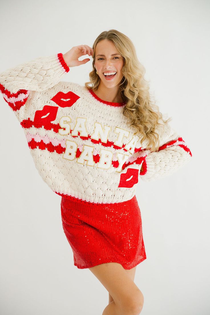 SANTA BABY CHRISTMAS SWEATER* SWEATER Judith March Red Sequin Skirt, Baby Christmas Sweater, Black Sequin Jacket, Bow Season, Lip Patch, Santa Sweater, Black Sequin Skirt, Fuzzy Pullover, Baby Letters