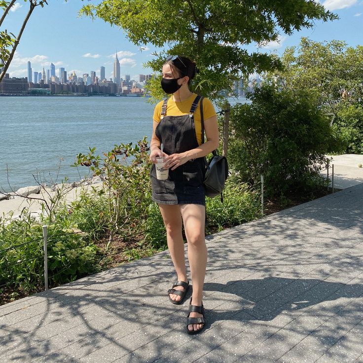 Black overall dress, yellow tee, Birkenstocks Arizona Eva Black Overall Dress, Birkenstock Arizona Eva, Arizona Eva, Yellow Tees, Birkenstock Arizona, Overall Dress, Birkenstock, Arizona, Overalls