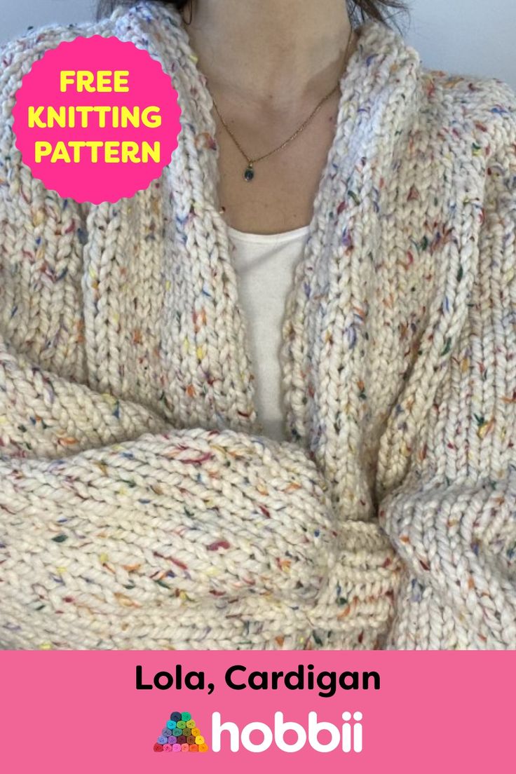 a woman wearing a white sweater and pink background with the words lola - cardigan, yarn design pattern