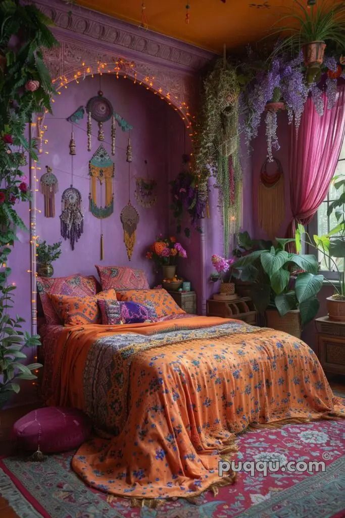 the bedroom is decorated in purple and orange