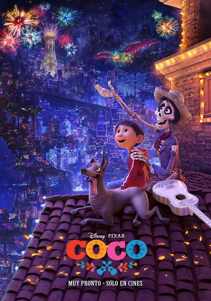 the characters from coco on top of a roof with fireworks and buildings in the background