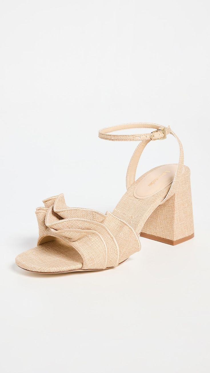 Larroude Selena Ruffle Sandals | Shopbop Chic Straw High Heels, Formal Sandals With Woven Sole And Block Heel, Chic Straw High Heel Sandals, Chic Straw Open Toe Heels, Chic Straw Block Heel, Chic Straw Block Heel Shoes, Chic Natural Straw Heels, Chic Straw Heels With Block Heel, Party Sandals With Ankle Strap In Straw