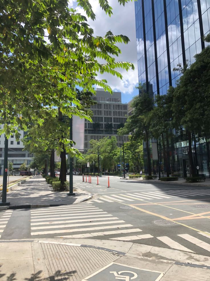 an empty street with trees and buildings in the background