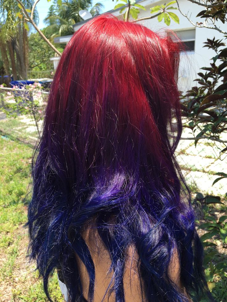 Red Into Purple Hair, Red Purple Blue Ombre Hair, Red Hair Purple Underneath, Blue Hair Red Outfit, Red Black And Purple Hair, Hair Color Gradient, Red And Blue Ombre Hair, Red Roots Purple Hair, Red Hair With Purple Roots