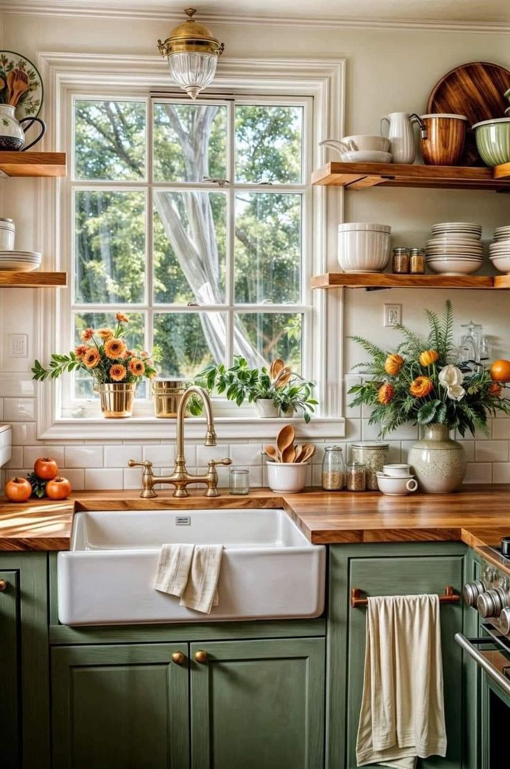 a kitchen filled with lots of green cabinets and counter tops next to a white sink