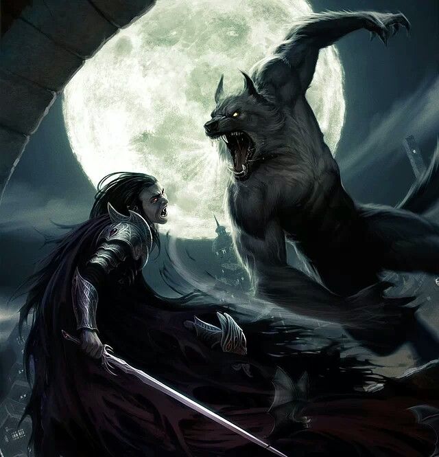 an image of two people in front of a full moon with a wolf on the other side