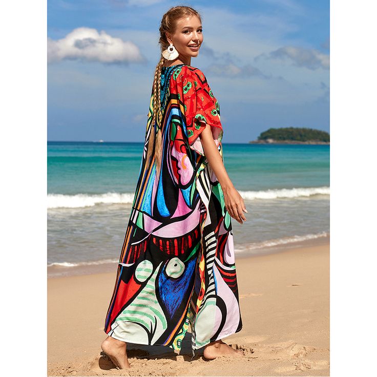 Red Graffiti Loose Beach Kimono Dress Red V-neck Maxi Dress For Beach Party, Vacation Dresses With Multicolor Graphic Print, Multicolor Graphic Print Dress For Vacation, Multicolor Graphic Print Vacation Dress, Red V-neck Beach Dress For Vacation, V-neck Beach Dress With Abstract Print, Red Abstract Print Summer Maxi Dress, Red Abstract Print Maxi Dress For Summer, Summer Red Maxi Dress With Abstract Print