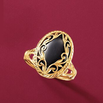 Ross-Simons - Black Onyx Scrollwork Ring in 14kt Yellow Gold. Size 10. A gleaming 18x13mm oval black onyx cabochon sets off the glow of a scrollwork overlay on this bold and beautiful statement ring. Featuring an ornate open-space band crafted in diamond-cut and polished 14kt yellow gold. 3/4" wide. Black onyx scrollwork ring. Onyx Stone Rings, Black Stone Yellow Gold Ring, Black Dress With Gold Rings, Onyx Antique Ring, Vintage Onyx Ring Eragem, Scroll Ring, Unique Bands, Diamond Birthstone, Gold Ring Designs