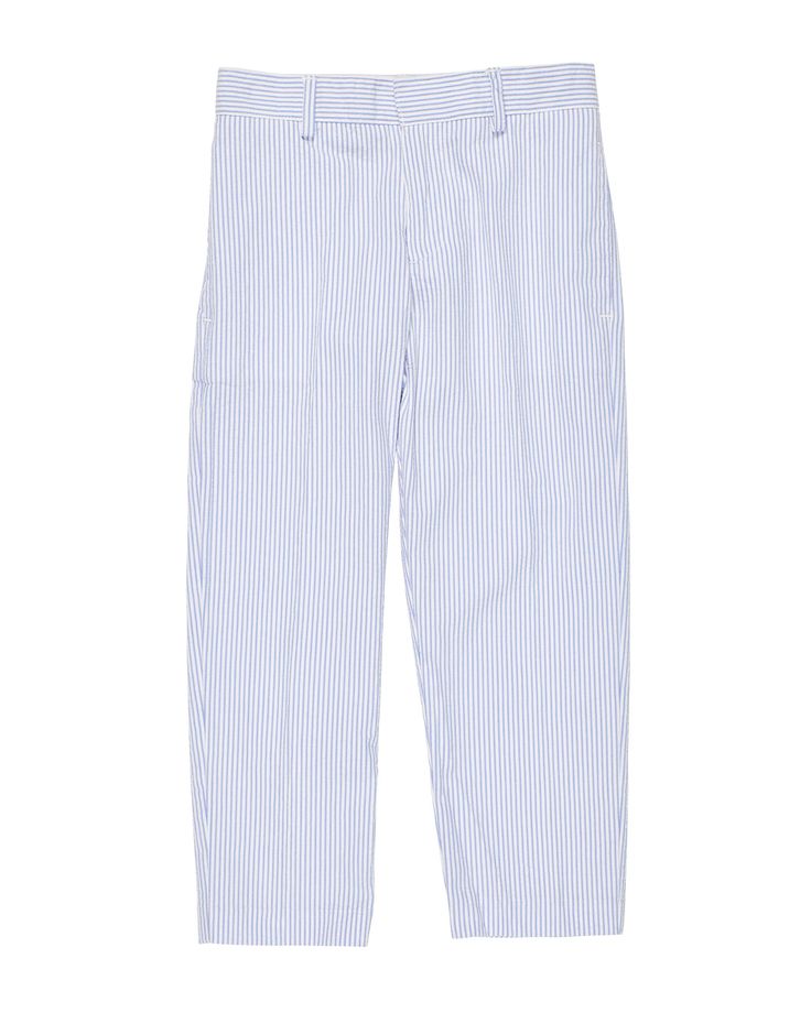 Our blue and white stripe seersucker pant is designed for those special summer occasions. Inside adjustable waist elastic allows for a custom fit. This year's narrower leg makes this classic pant trend ready. Blue/white stripe seersucker 100% cotton Side seam pockets Two back welt pockets Adjustable waist elastic Machine washable Pair with the matching jacket style 2195 and coordinating shirt style 2061 Cotton Bottoms With Contrast Stripes For Spring, Spring Contrast Stripes Cotton Bottoms, Classic Vertical Stripes Bottoms For Summer, Classic Bottoms With Vertical Stripes For Summer, Pinstripe Bottoms With Pockets Relaxed Fit, Relaxed Fit Pinstripe Bottoms With Pockets, Spring Cotton Pants With Contrast Stripes, Blue Relaxed Fit Pants With Vertical Stripes, Casual Pinstripe Pants With Pockets