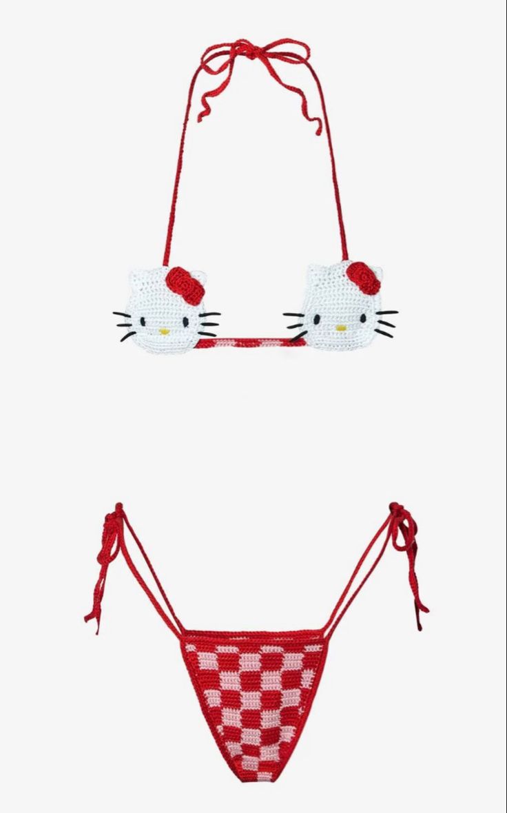 two pieces of red and white bikinis with hello kitty on the front, one in checkerboard