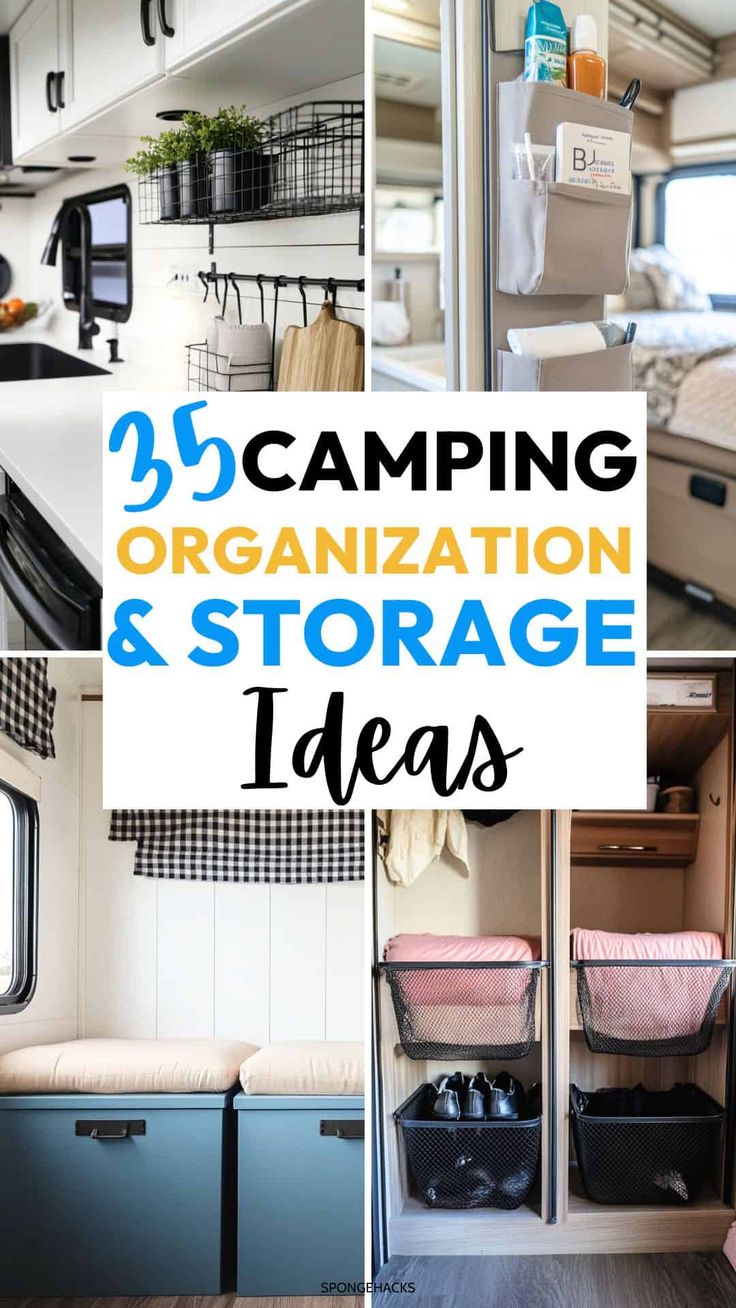 the inside of a camper with text overlay reading 25 camping organization and storage ideas