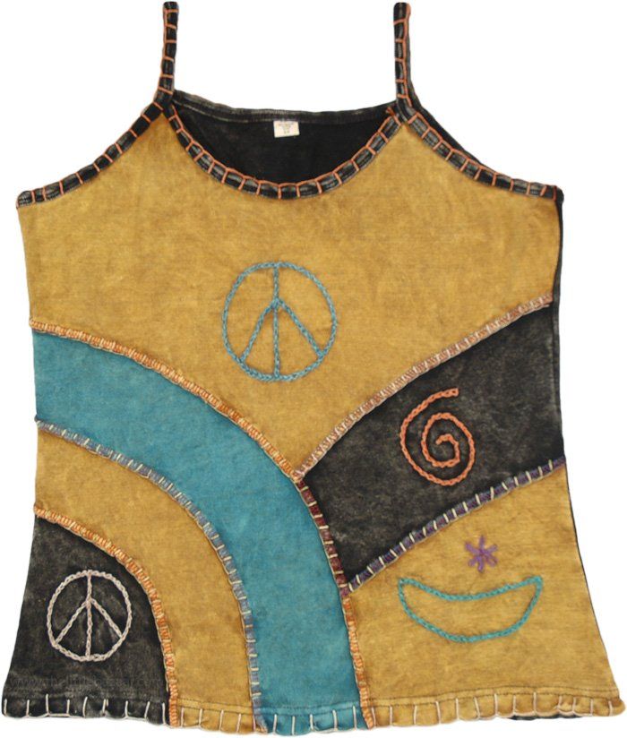 A bohemian style stonewashed tank top with patches of mustard, black and teal colors joined together with a thick thread.  The patches look very artsy, especially with the symbolic embroidered motifs highlighting the overall look. #tlb #Sleeveless #Stonewash #Embroidered #vacationclothing #beachwrap #bohemianfashion #Handmade #Gypsytanktop #Hippietanktop #PeaceDresstop Hippie Patchwork Tops For Festival, Casual Tops With Multicolor Embroidery And Patchwork, Multicolor Cotton Patchwork Tank Top, Bohemian Patchwork Tank Top For Summer, Bohemian Embroidered Cotton Tank Top, Bohemian Cotton Embroidered Tank Top, Casual Brown Tank Top For Festival, Multicolor Patchwork Casual Tank Top, Casual Multicolor Patchwork Tank Top