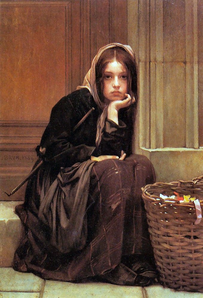 a painting of a woman sitting on the ground next to a wicker basket, with her hand under her chin