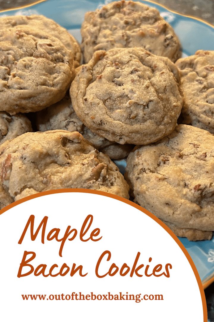 maple bacon cookies on a blue plate with the words maple bacon cookies in front of it