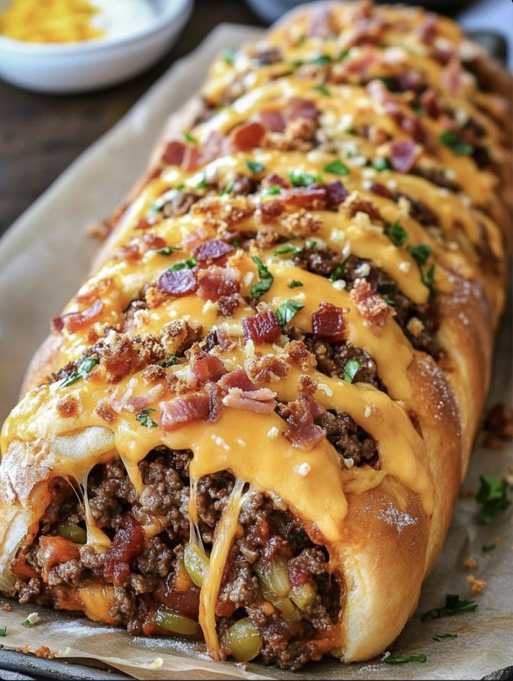 a long cheesy meat and cheese sandwich on a piece of parchment paper with a bowl of mustard in the background