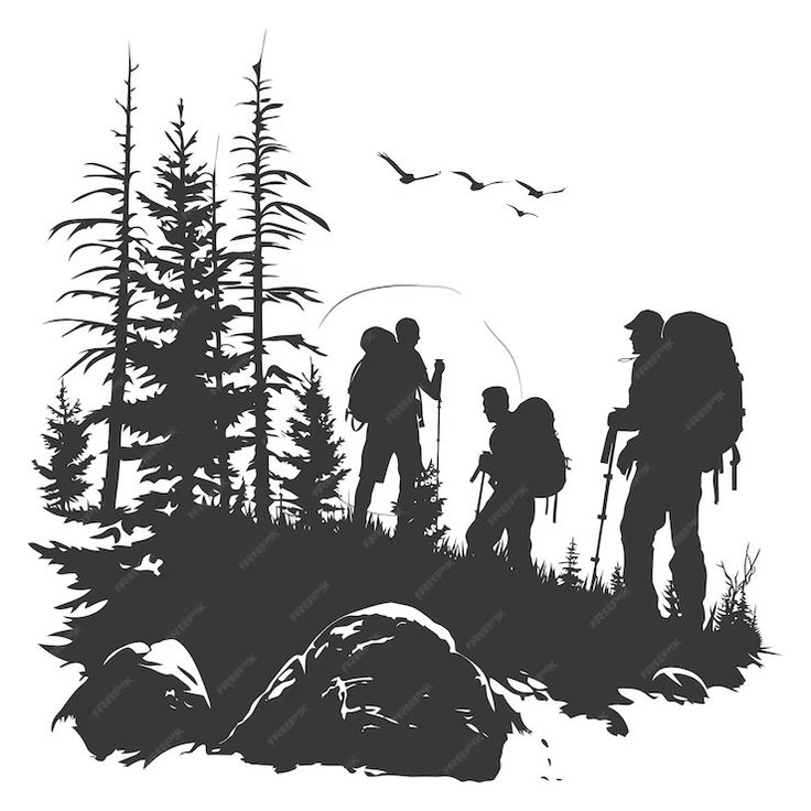 black and white silhouettes of people hiking in the woods with birds flying above them