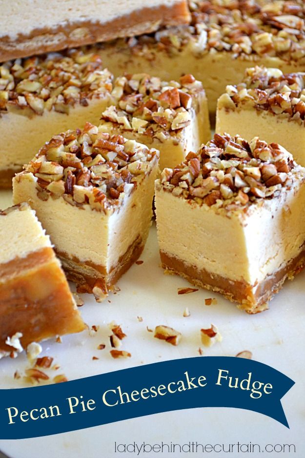 pecan pie cheesecake fudge is cut into squares and placed on a plate