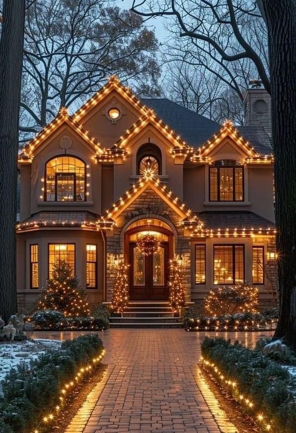 a large house with christmas lights on it's windows and walkway leading to the front door