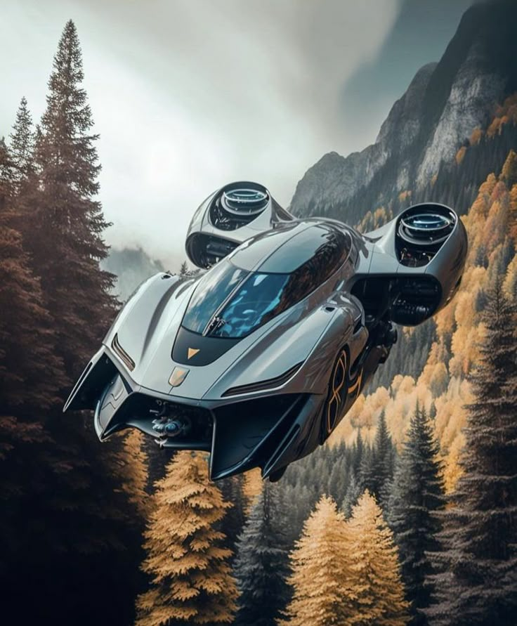 a futuristic car flying through the air over trees