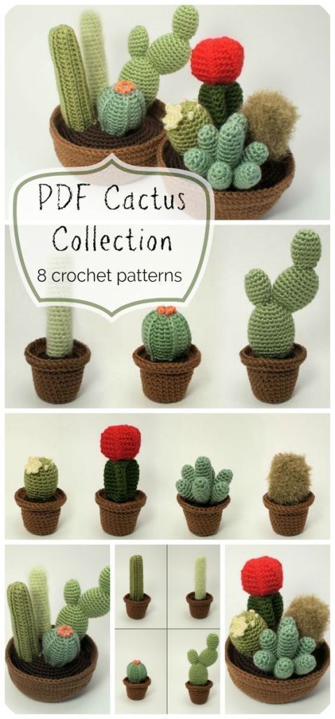 the crochet cactus is shown in several different positions and sizes, including one for each