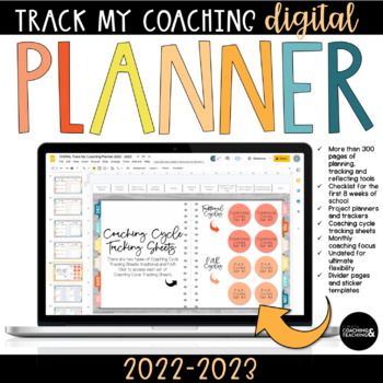 a computer screen with the text track my coaching digital planner on it and an orange arrow pointing