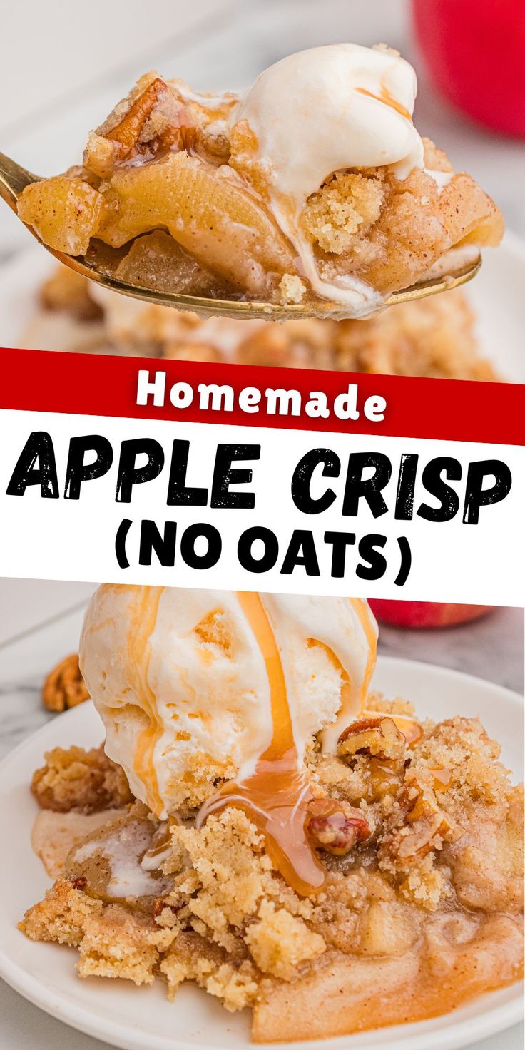 homemade apple crisp no oats on a white plate with a red and white sign