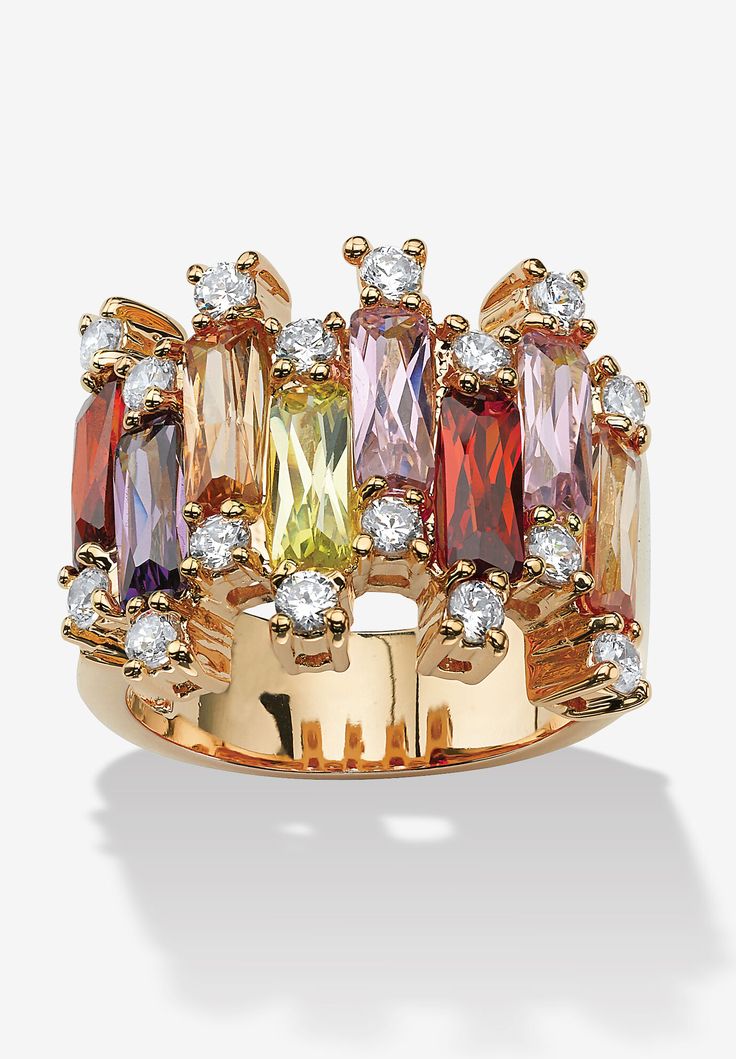 Love this palette of vivid colors in this multicolor cubic zirconia ring with sparkling white cubic zirconia accents, 7.44 carats T.W. Add a burst of spring to your everyday wardrobe with this ring set in shining setting. Gold-plated. Sizes 6-10. We recommend that you order one size up for this style. (All carat weights are approximate and may vary slightly from those listed.)FABRIC: 14k Gold-PlatedMain Stone: 2 Emerald Faceted Cut Pink Cubic Zirconias, 1.62 carats total weight, 3 mm x 8 mm1 Eme Crossover Ring, Palm Beach Jewelry, Cubic Zirconia Jewelry, Cubic Zirconia Rings, Pink Ring, Gold Plated Rings, Jewelry Online Shopping, Banquette, Gold Beads