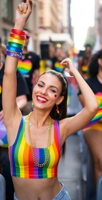 a woman with her arms up in the air and other people behind her, all wearing rainbow clothing