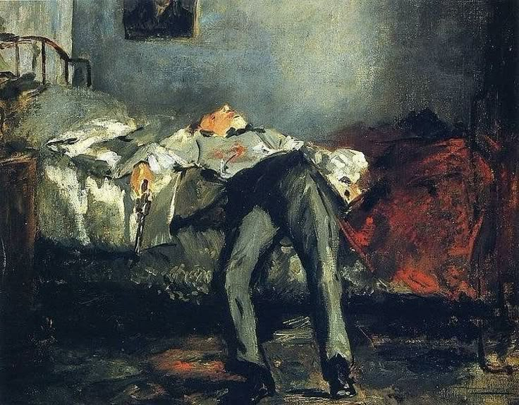 a painting of a man laying in bed with his head on the back of a chair