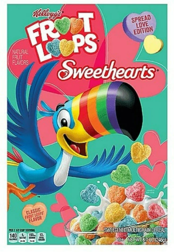 a box of fruit loops sweet hearts with an image of a bird in the background