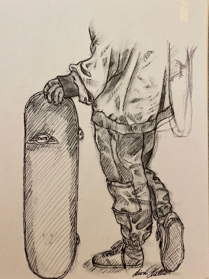 a drawing of a man holding a skateboard in his hand and looking down at the ground