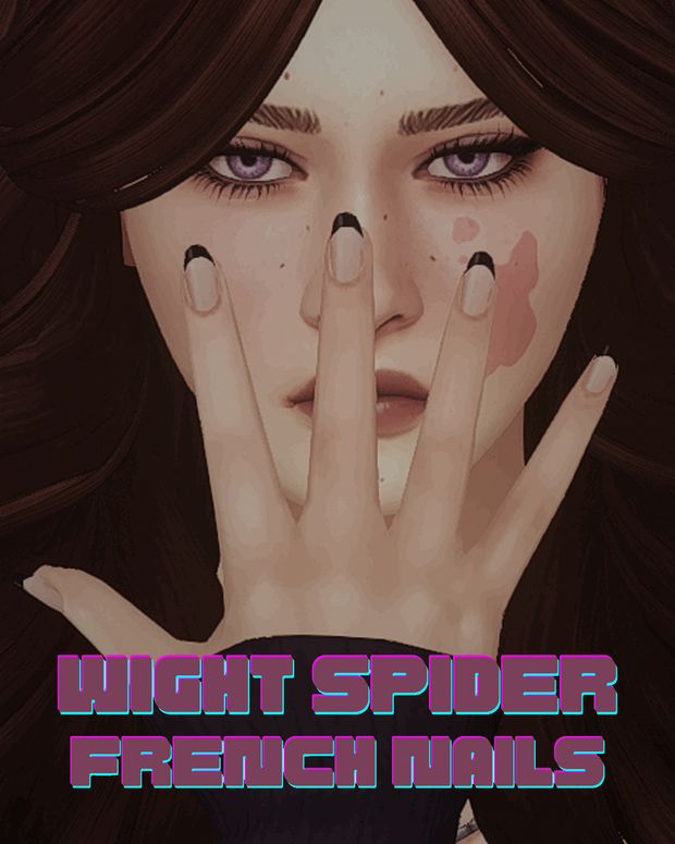 a woman holding her hands up to her face with the words, night spider french nails