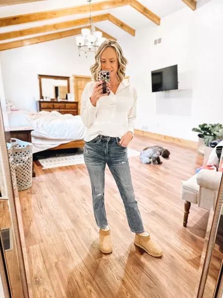 This outfit is so cozy and adorable for fall! Fashionablylatemom Uggs Social threads straight legged jeans Fall fashion Basic outfit #LTKstyletip #LTKshoecrush Straight Leg Jeans With Uggs, Uggs Outfit Jeans, Classic Mini Uggs Outfit, Classic Mini Uggs, Mini Uggs Outfit, Mini Uggs, Straight Legged Jeans, Mini Outfit, Casual Outfits For Moms