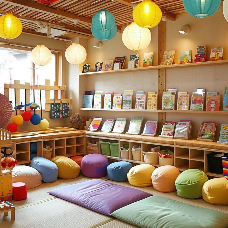 the children's room has many books on shelves and bean bag chairs in it