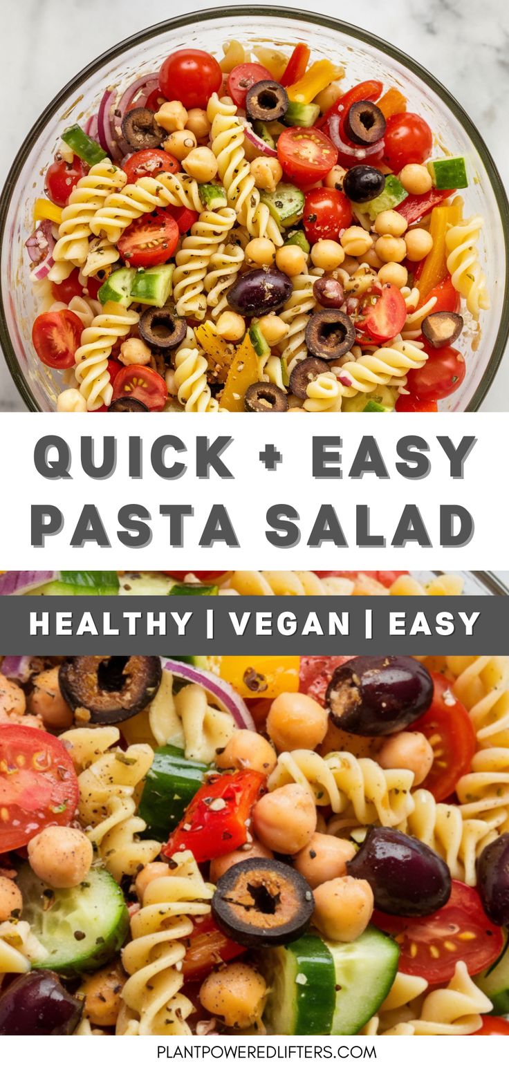 pasta salad in a glass bowl with the words quick and easy pasta salad above it