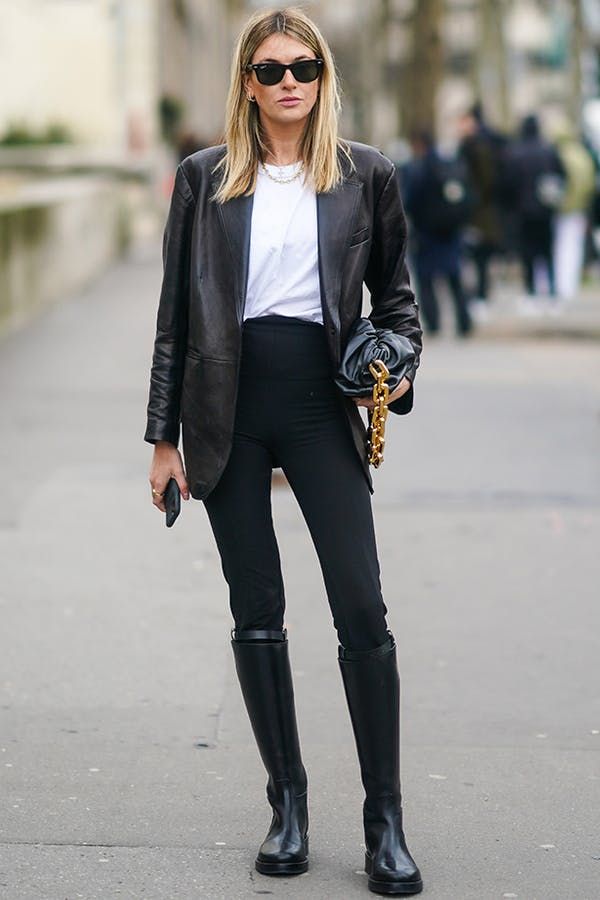 Vévodkyně Kate, Riding Boot Outfits, Leggings Outfit Winter, Grunge Chic, Chique Outfit, Black Leather Blazer, Blazer Outfit, Moda Paris, Leather Jacket Outfits