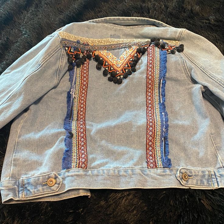 Hi Shoppers! This Listing Is For A Beautiful Blue Jean Jacket With Creative Patchwork. It’s Perfect For The Summer And Spring Months . Bohemian Blue Denim Jacket For Winter, Bohemian Blue Denim Jacket For Fall, Bohemian Blue Denim Jacket With Pockets, Blue Bohemian Outerwear With Pockets, Bohemian Medium Wash Long Sleeve Outerwear, Bohemian Long Sleeve Outerwear In Medium Wash, Bohemian Long Sleeve Medium Wash Outerwear, Creative Patchwork, Spring Months